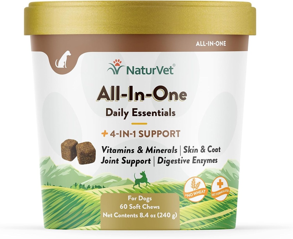 NaturVetオールインワン犬のサプリメント - 共同サポート、消化、皮膚、コートケア用 - ミネラル、オメガ3、6、9と犬のマルチビタミン - 60ソフト咀嚼