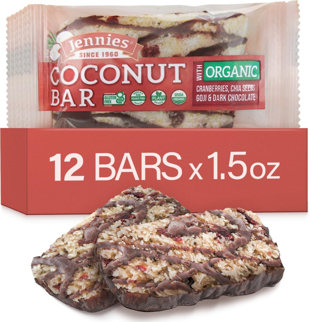 Jennies Raw Organic Goji Moji Coconut Bar, 1.5oz (12 Pack) | ピーナッツフリー | グルテンフリー