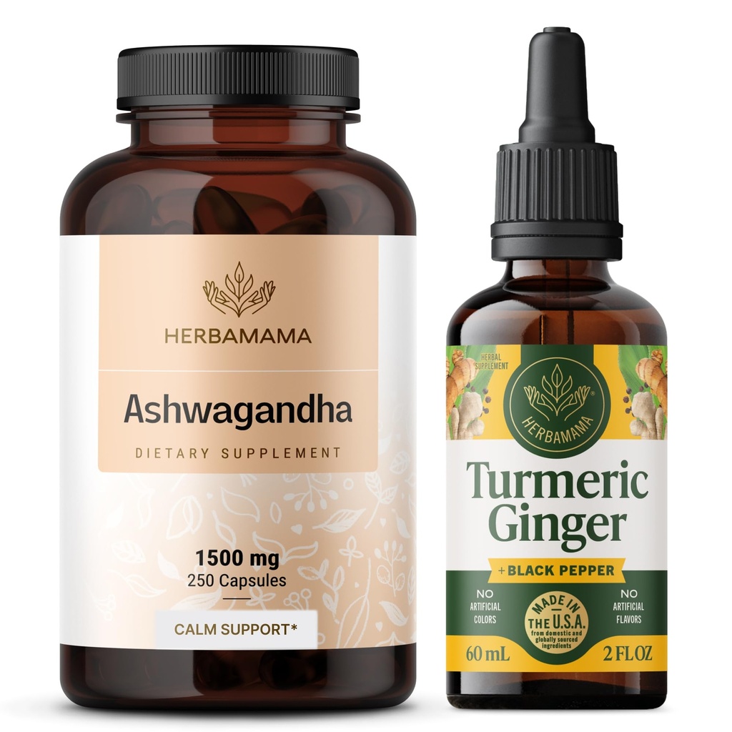 HERBAMAMA Ashwagandhaとターメリックジンジャーキット - 1500 mg Ashwagandha Rootカプセル&ターメリックジンジャーTincture 2 fl oz - ビーガン、非GMO、砂糖&アルコールフリー - 2 パック