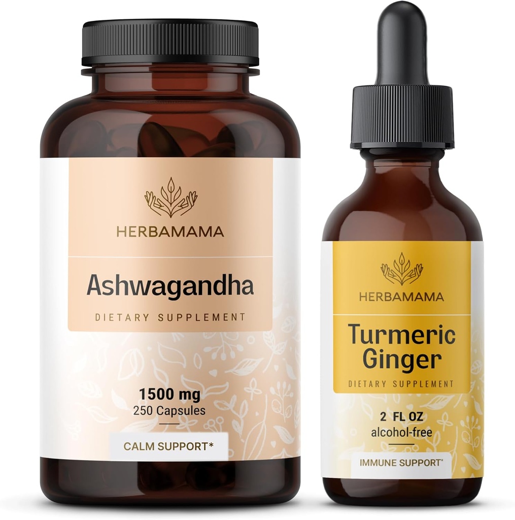 HERBAMAMA Ashwagandhaとターメリックジンジャーキット - 1500 mg Ashwagandha Rootカプセル&ターメリックジンジャーTincture 2 fl oz - ビーガン、非GMO、砂糖&アルコールフリー - 2 パック