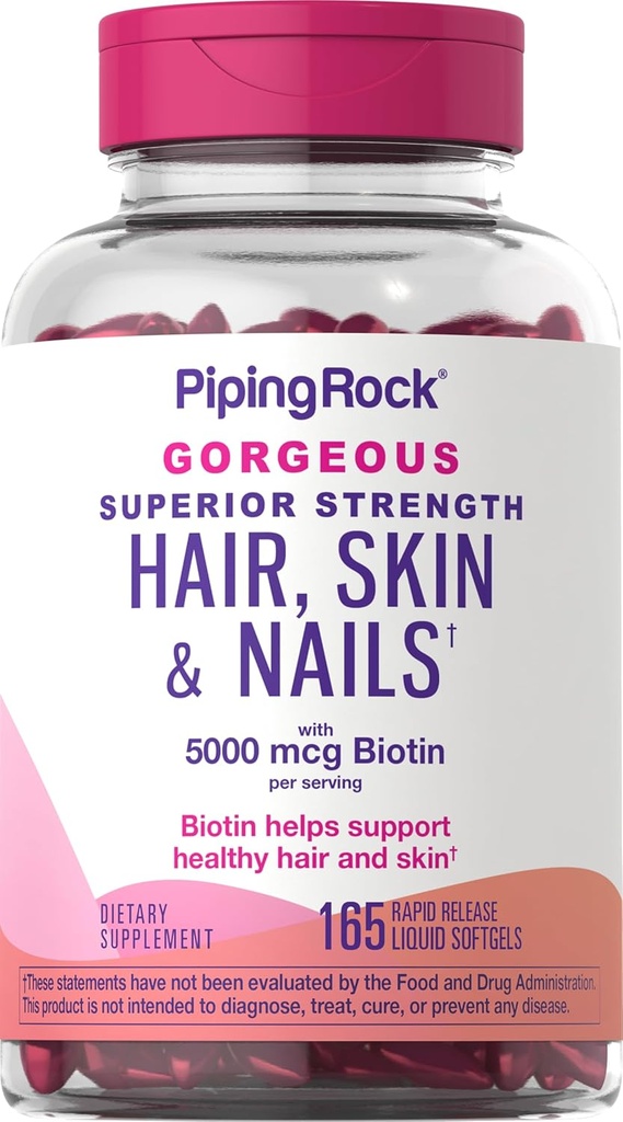 パイピングロックヘアスキンと女性と男性のためのネイルビタミン | 165 Softgels | 5000 mcg of Biotin Extra Strength | with Argan and Coconut Oil | 非GMO、グルテンフリーサプリメント