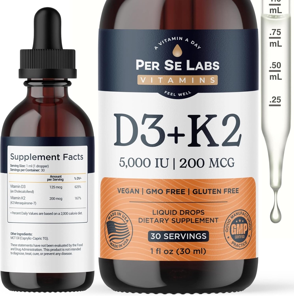 Vitamin D3 K2 Liquid Drops D3 5,000 IU + K2 MK-7 200mcg Max Absorption Immune Support for Kids and Adults | Vegan | Non-GMO | Gluten, Dairy, Soy Alcohol Free | 1 Oz
