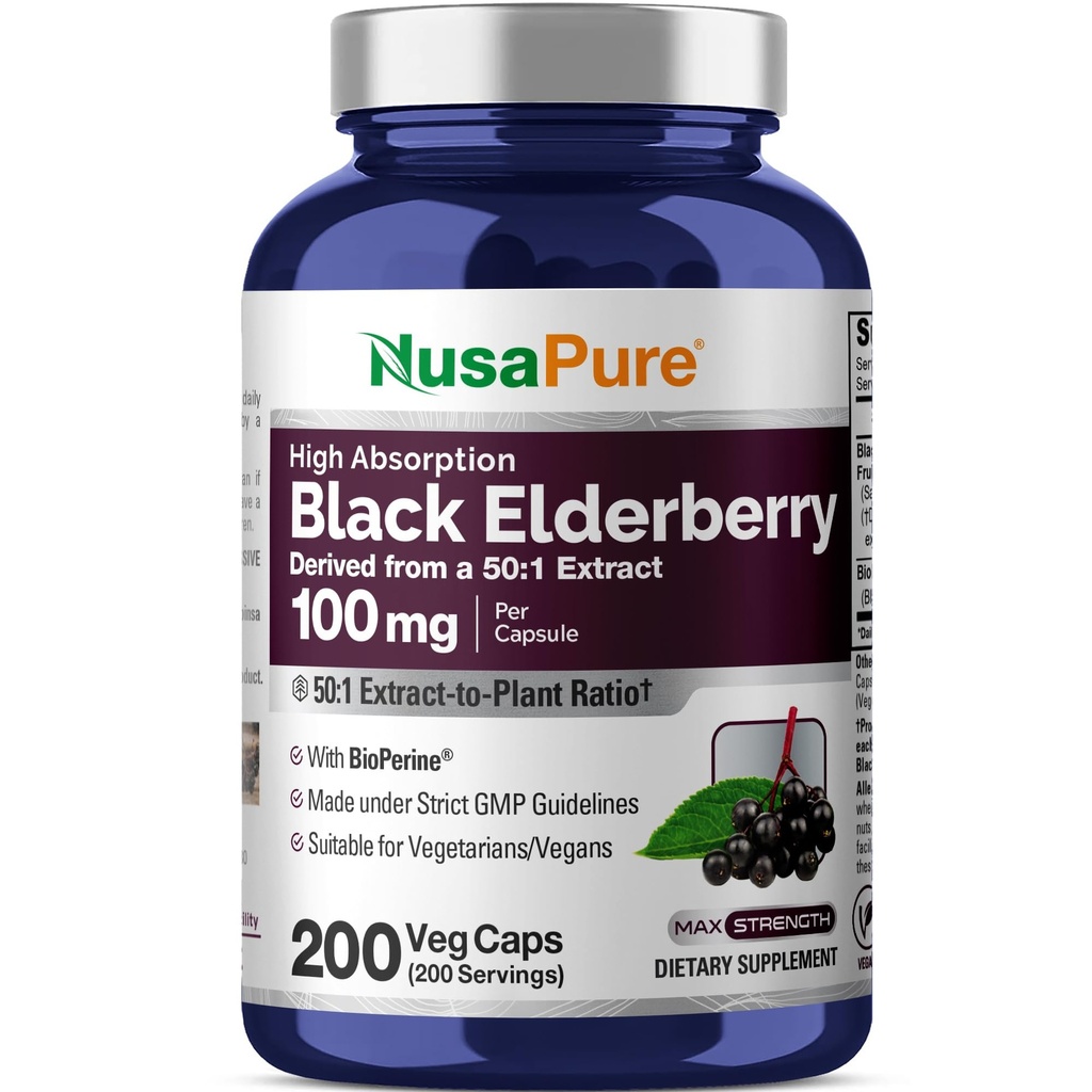 NusaPureブラックエルダーベリー50:1エキス、100mgはベジーカプセルあたり5,000mg相当、200カウント(非GMO、バイオパーリン)サバカスサプリメント