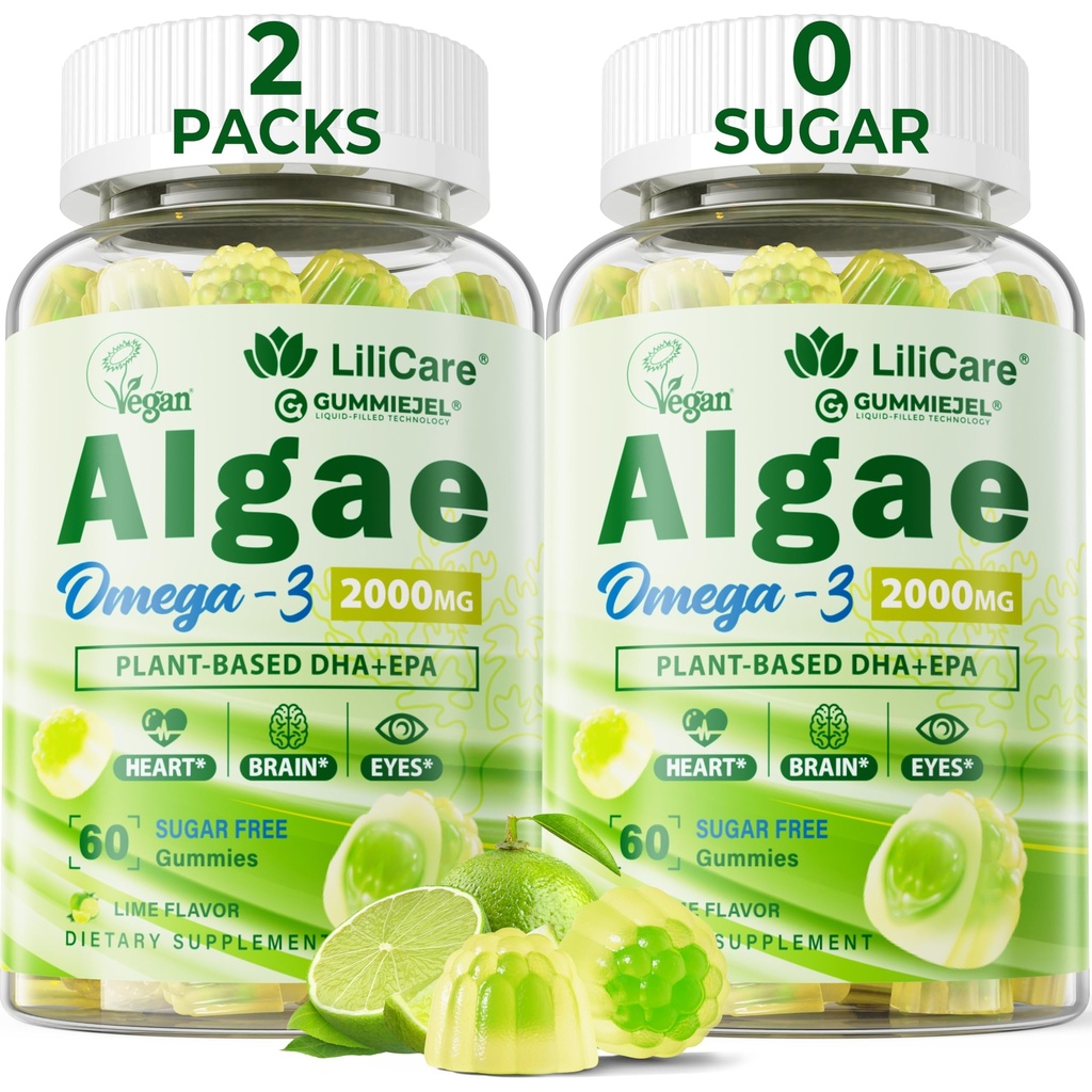 Omega 3 ガミー 2200mg から 藻油 (DHA 640mg & EPA 290mg) 女性&男性のための, ビーガンオメガ 3 魚油代替, w/CoQ10, アスタキサンチン, ビタミン A, E, 脳のためのD3, 目, 抗酸化剤,砂糖無料 2パック