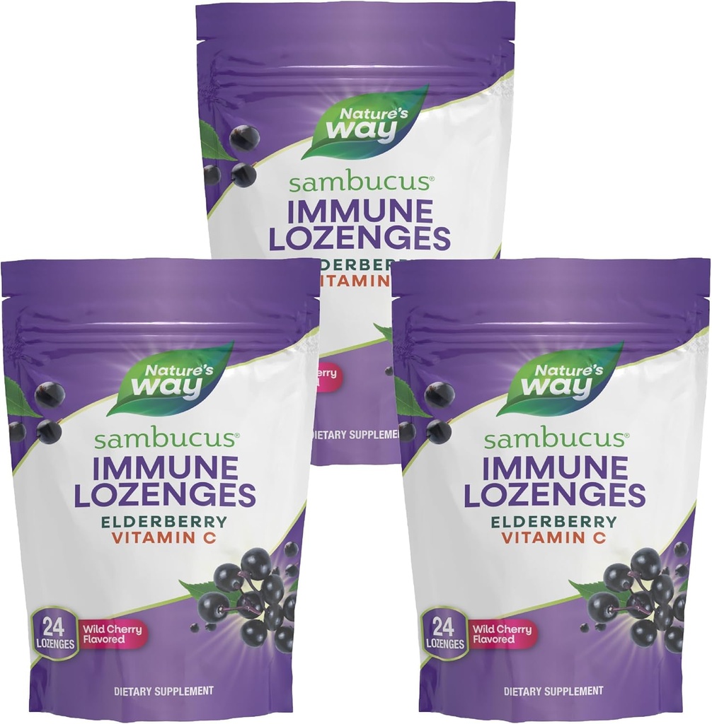 Nature's Way Sambucus Immune Lozenges, High Potency Vitamin C, Elderberry, Wild Cherry Flavored, 24 Lozenges (パッケージ 5 月 Vary) - 3 パック
