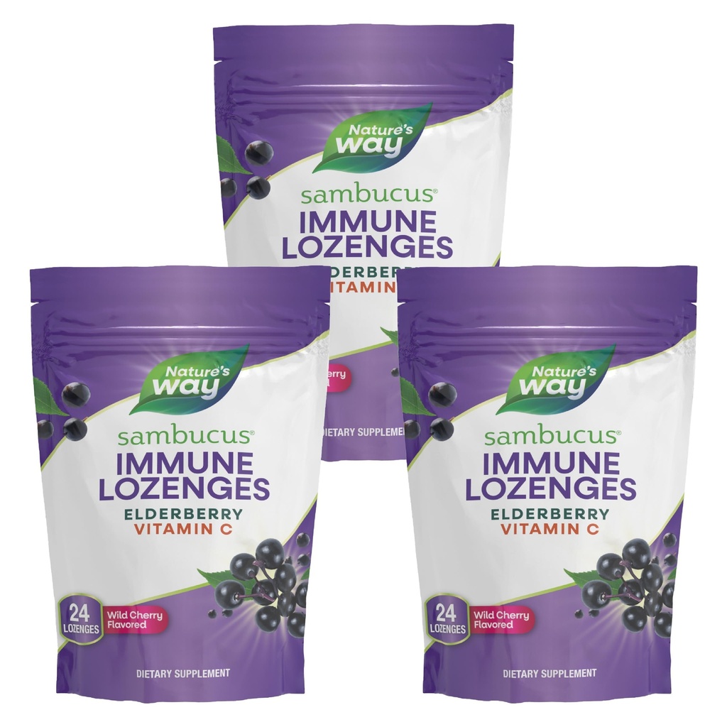 Nature's Way Sambucus Immune Lozenges, High Potency Vitamin C, Elderberry, Wild Cherry Flavored, 24 Lozenges (パッケージ 5 月 Vary) - 3 パック