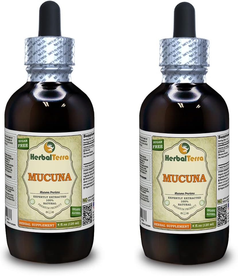 Mucuna (Mucuna Pruriens) Tincture, Organic Dried Seeds Liquid Extract (Brand name: HerbalTerra, Proudly made in USA) 2x4 fl.oz (2x120 ml)