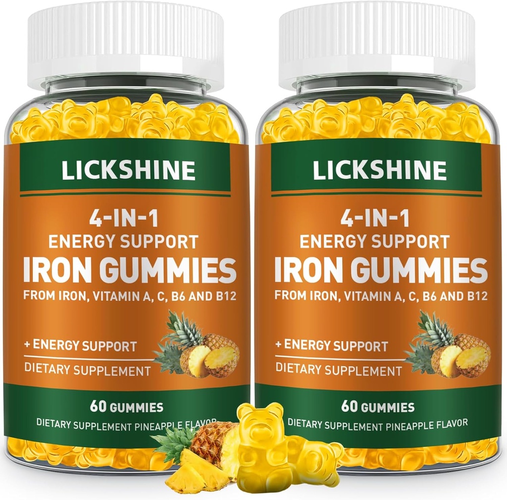 2 Pack Vegan 100MG Iron Supplement Gummies for Women & Men - with Vitamin C, A, B for Adults & Kids - Energy Support for Iron Deficiency, Anemia - Pineapple Flavor (120 Ct)