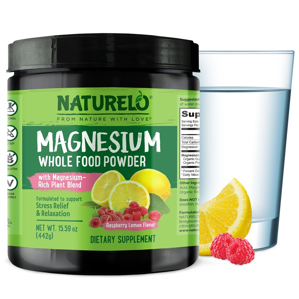 NATURELOのマグネシウムの粉 - Quinoa、Cauliflower、及び圧力救助、Raspberryのレモン85のサービング、15ozのためのフラックスが付いている全食糧カルムのマグネシウムの粉