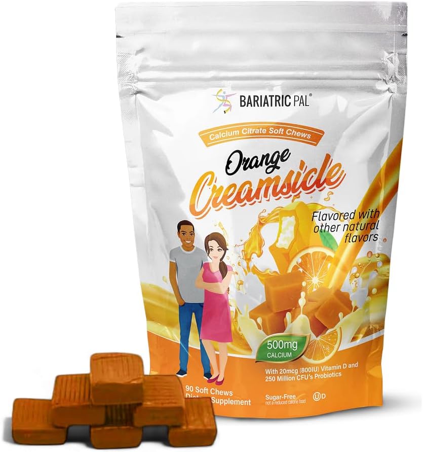BariatricPal Sugar-Free Calcium Citrate Soft Chews | 500mg with Vitamin D & Probiotics | Orange Creamsicle | 90 Count (1 Month Supply)
