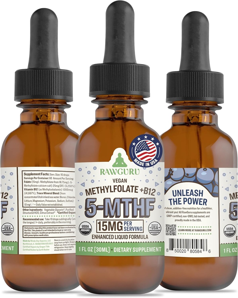 RawGuru L-Methylfolate 15 mg + ビタミンB12 - 有機ビーガンメチル化B12 トレースミネラル - ナノ加工&強化液体式 - 300 30mlあたりビーガンドロップをサービング、パック1