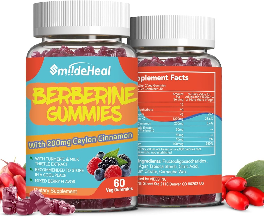 2 パック ベルベリン ガミー 1200 mg と セイロン シナモン 200 mg, ミルク アコール エキス & ターメリック, ビーガン ベリー 味, 非GMO, ゼラチンフリー, グルテンフリー, 120 カウント