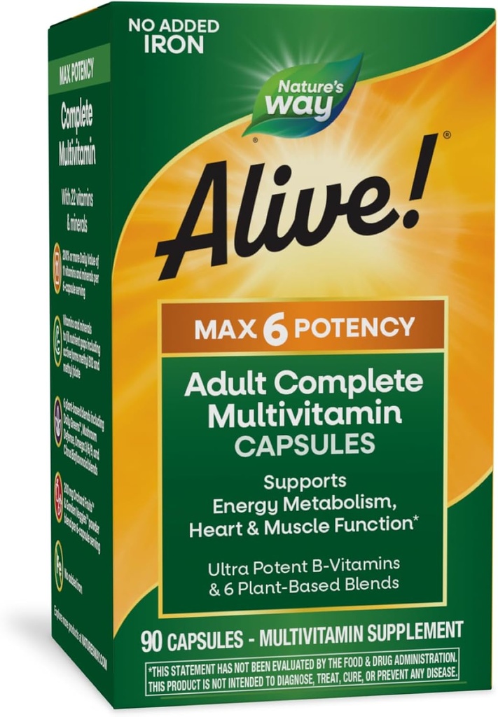 ネイチャーズ・ウェイ・アライブ! Max6効力の大人の完全なMultivitamin、ビタミンA、C、E及びメチルB12を含むB-Vitaminsは及び、エネルギーMetabolism*を、加えられた鉄、90のカプセルを支えます(包装5月Vary)