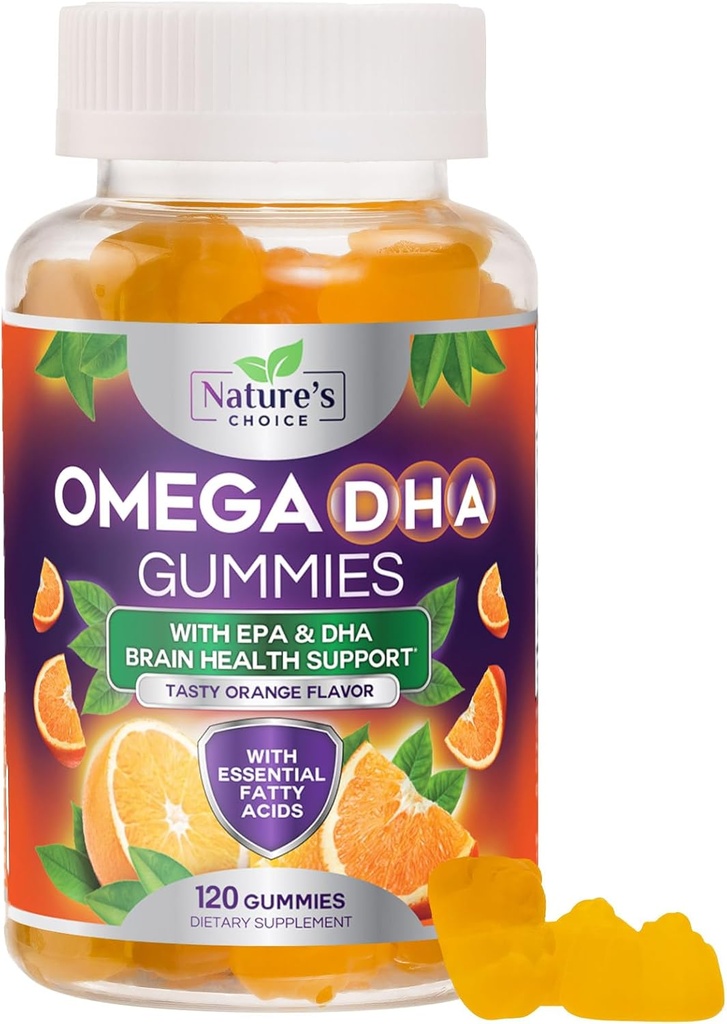 Omega 3 Fish Oil Gummies - Triple Strength Omega3 Gummy - DHA & EPA Fatty Acids for Heart Health, Joint & Brain Support, Nature's High Absorption Omega Fish Oil Supplement, Orange Flavor- 120 Gummies