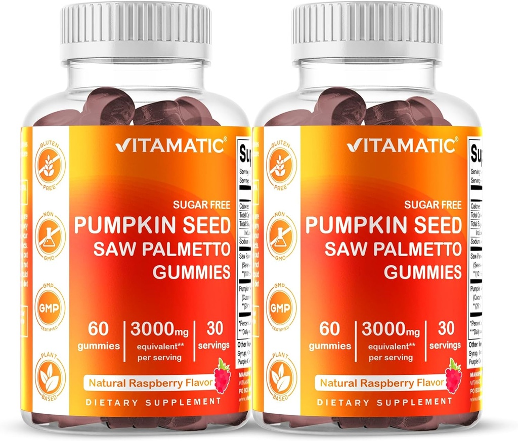 Vitamatic 2は砂糖の自由なカボチャの種Gummies-のサービングごとの3000のmgの等価を詰めます(20:1からの10:1のエキス200のmg) - 鋸パルメット-自然なラズベリーの味- 60の計算---