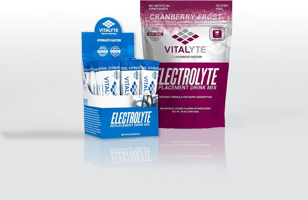 Vitalyteの電解質の粉の飲み物の組合せは、1つのスタンドアップの袋+ 25の計算のパケット、グルテンフリーのポストのワークアウトの粉の飲み物の組合せ、涼しいCitrus +クランベリーの味を束ねます