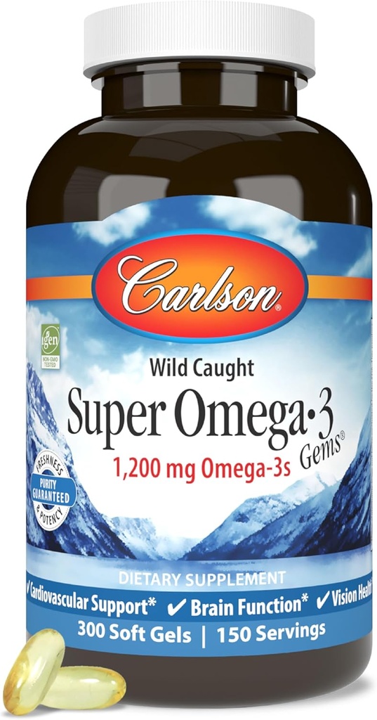 カールソン - スーパーオメガ-3 宝石, 1200 mg Omega-3 脂肪酸 EPA と DHA, ワイルドキャッチ ノルウェーの魚油サプリメント, 持続的に供給カプセル 300 Softgels