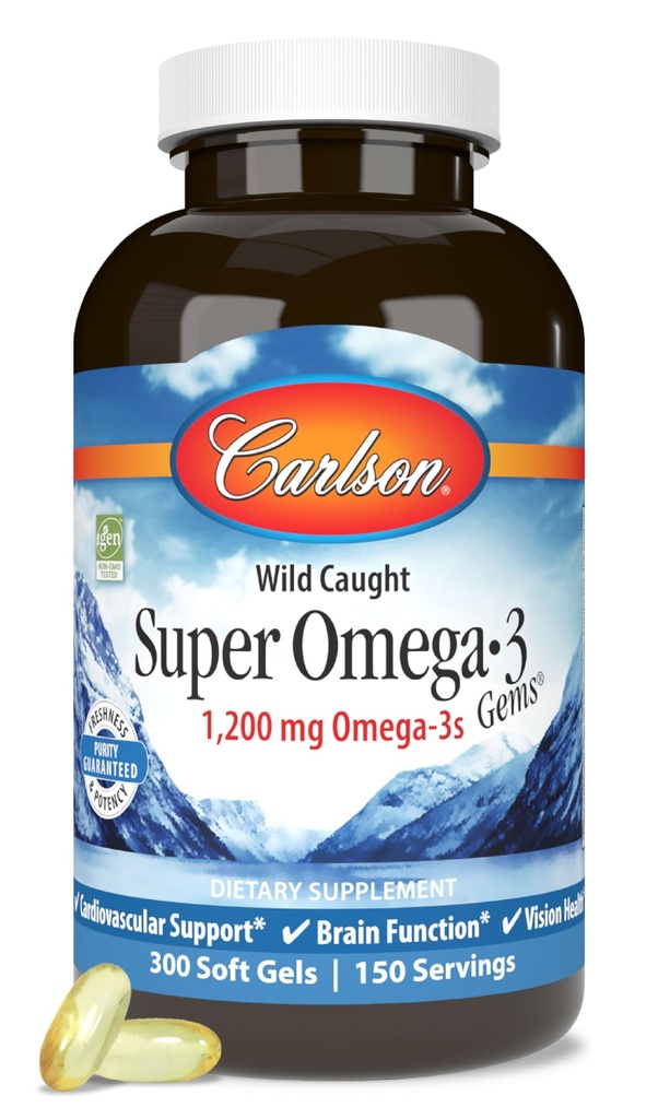カールソン - スーパーオメガ-3 宝石, 1200 mg Omega-3 脂肪酸 EPA と DHA, ワイルドキャッチ ノルウェーの魚油サプリメント, 持続的に供給カプセル 300 Softgels