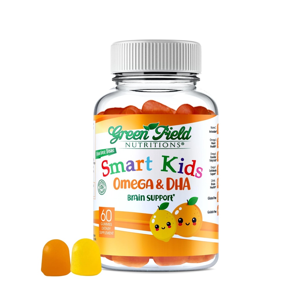 Greenfield Nutritions Smart Kids Halal Omega 3 Gummies with DHA - 60 子供のためのハラールビタミン、サポート 脳と免疫の健康 - ビーガン、非GMO、グルテンフリー、ピーナッツフリーのハラールガミービタミン