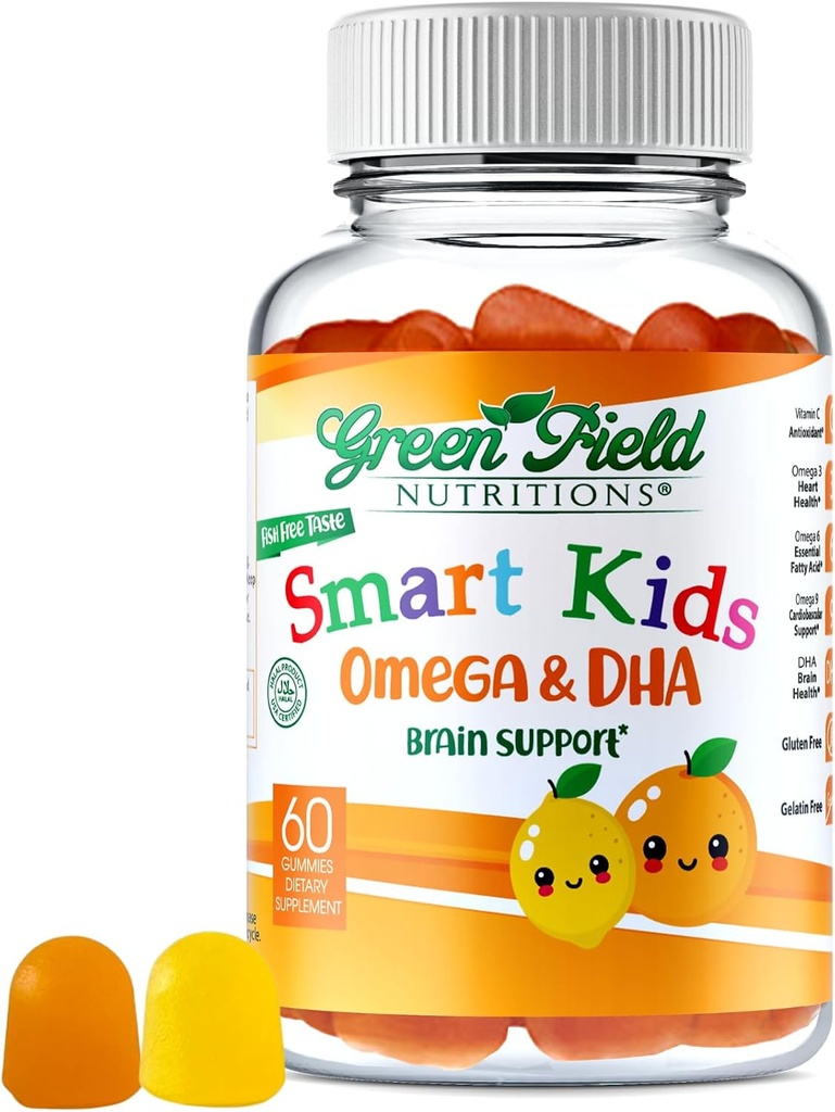 Greenfield Nutritions Smart Kids Halal Omega 3 Gummies with DHA - 60 子供のためのハラールビタミン、サポート 脳と免疫の健康 - ビーガン、非GMO、グルテンフリー、ピーナッツフリーのハラールガミービタミン