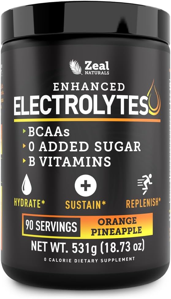 Zeal Naturals Electrolyte Powder Recovery Drink (90 Servings | Orange Pineapple) w 0 Sugar +BCAAs +B-Vitamins Electrolyte Supplement w Potassium Zinc & Magnesium for Hydration - Keto Electrolytes