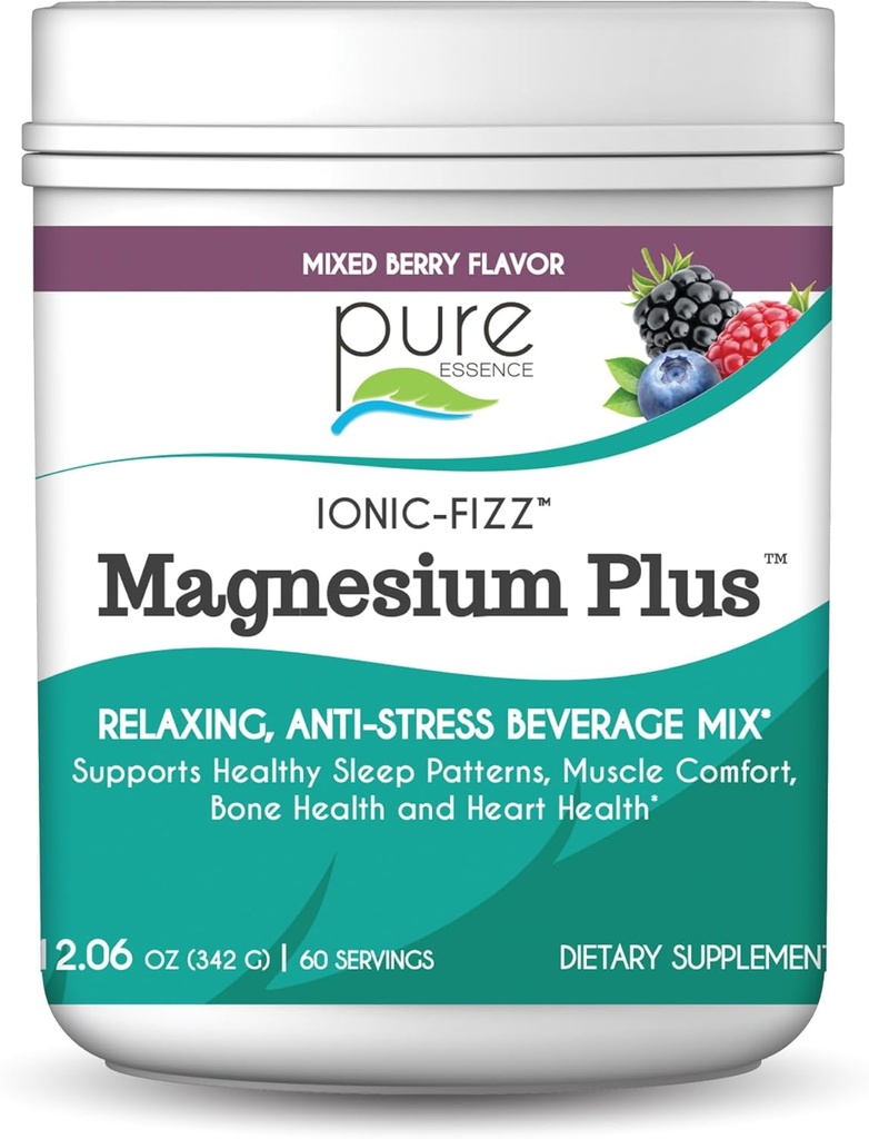 Pure Essence Labs Ionic Fizz Magnesium Plus, Anti-Stress Supplement Drink Powder, Gluten Free and Non-GMO Magnesium Powder (Mixed Berry, 12.06 Ounce (Pack of 1))