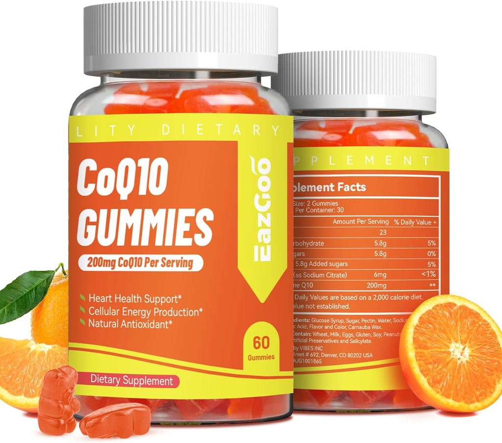 CoQ10グミー200mg、エネルギー生産のためのビーガンサプリメント、非GMO、グルテンフリー(120グミー)