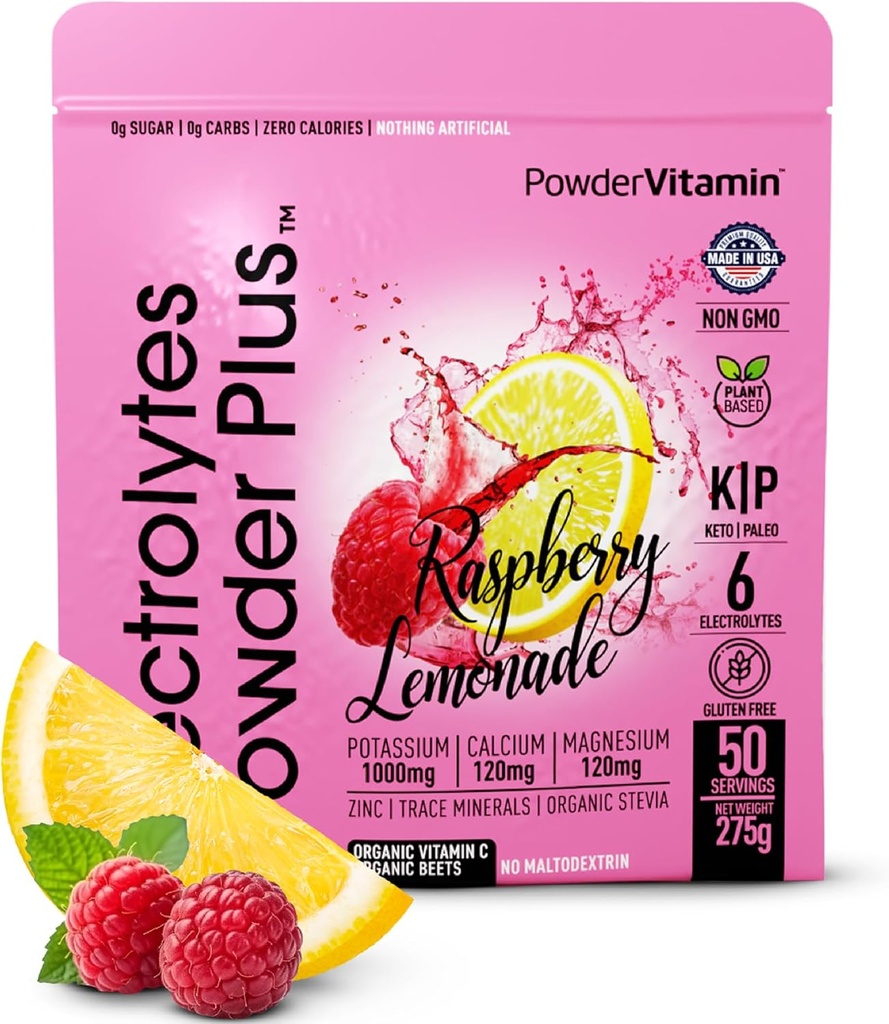 PowderVitamin の電解質の粉のプラス(50 のサービング) ラズベリーのLemonade の電解質の粉 ゼロ Calorie Keto、0 砂糖、マルトデキストリン、1000mg カリウム、120mg マグネシウム、水和の粉無し