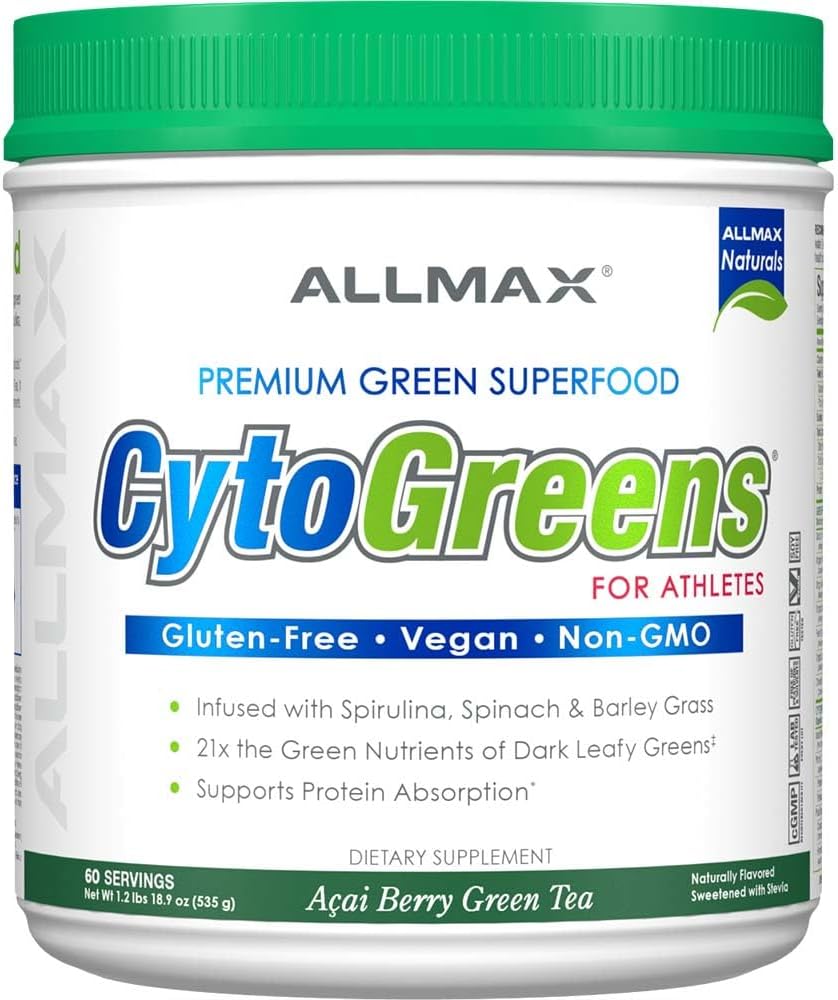 AllMAX栄養 - Cytogreensスーパーグリーンパウダー、Spirulina、Spinach&Barleyグラス、免疫&消化の健康、グルテンフリー&ビーガン、60サービング(アサイベリーグリーンティー)
