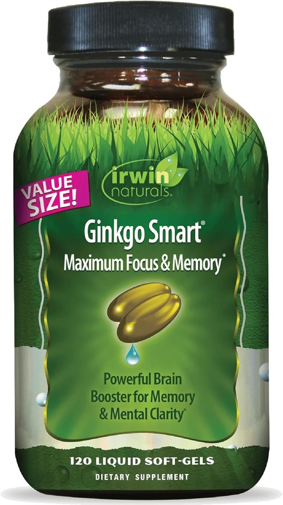 Irwin Naturals Ginkgoスマート強力な向知性脳ブースター - DMAE、Clubmos、Choline、Acetyl L-Carnitineと最大メモリ、フォーカス&メンタルクラリティをサポート - 120液体Softgels