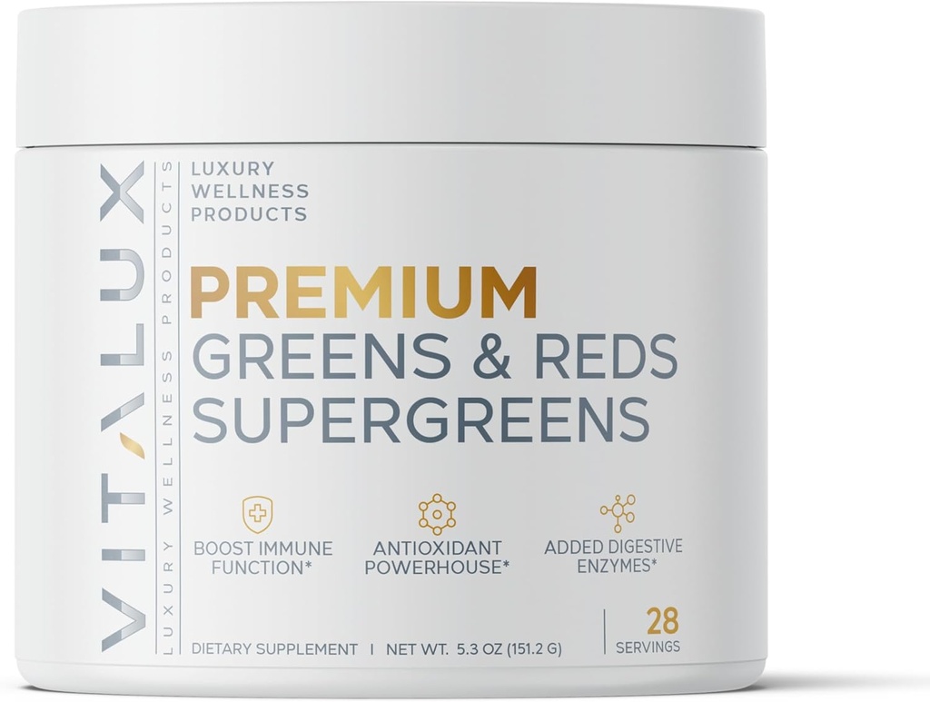 VITALUX || #1 Rated Premium Greens & Reds Superfood Powder || Immune Function, Added Antioxidants, Loaded w/ Digestive Enzymes | 17 Powerful Ingredients | 3rd Party Tested, Vegan + USA Made - 28 Days