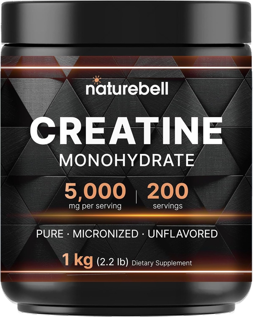 NatureBell Creatine Monohydrate Powder 1,000g, 5,000mg/サービング | Micronized, Pure & Unflavored | Pre-Workout Muscle Support | Keto, ヴィーガン, フィラーフリー | 200 サービング (2.2 lb)