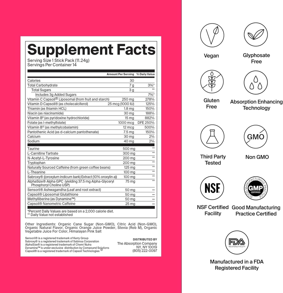 吸収会社のエネルギー飲み物の粉の組合せのパケット-150mg自然なカフェイン及びビタミンCの警戒を支えるきれいなエネルギー ブースター–フルーツ パンチ味、28の棒