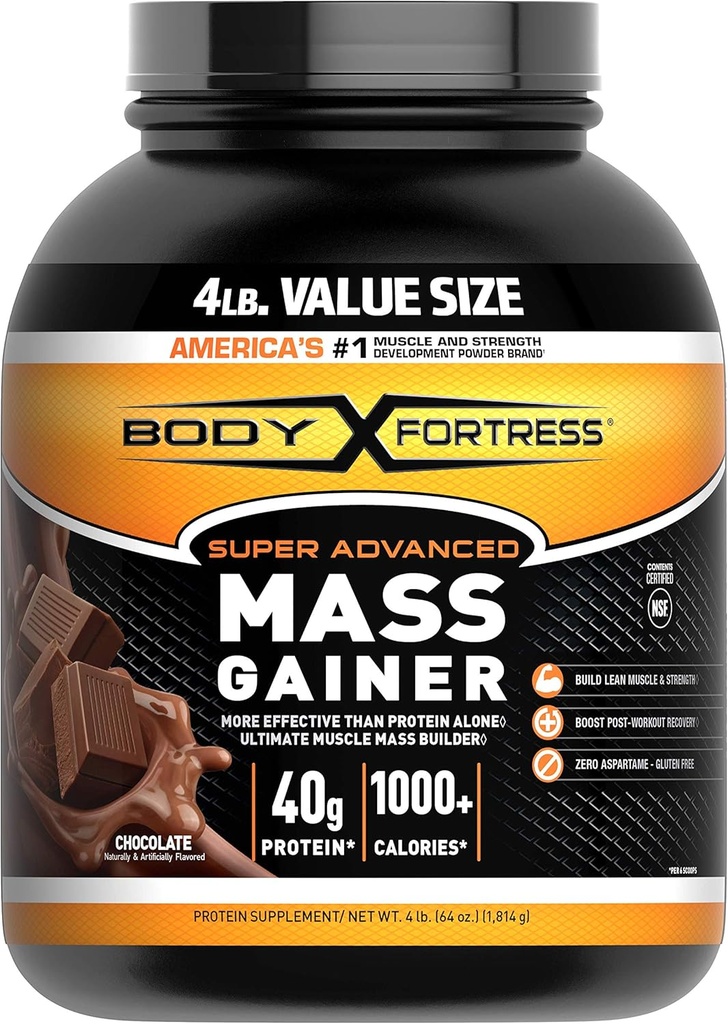 Body Fortress Super Advanced Mass Gainer, Chocolate Protein Plus Surplus Calories for Muscle Mass Gain Support 1-4lb. Jar