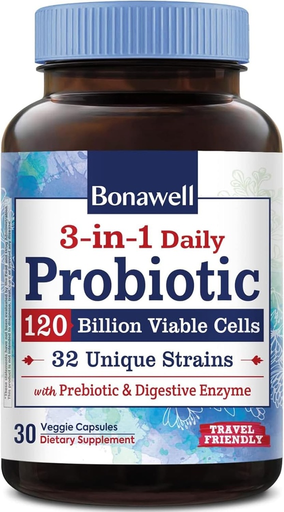 Bonawell Probiotics 120億CFU 32は、プレバイオティクス、Gut Healthのための消化酵素、毎日プロバイオティック、3イン1、シェルフテーブル、遅延リース、30ベジギーキャップと緊張します