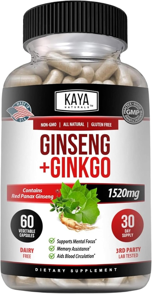 カヤナチュラルズレッドパナックスGinseng + Ginkgo Biloba - 向知性脳サプリメント - 認知と集中サポート - 脳ブースター、フォーカス、およびメモリサプリメント - 60カプセル