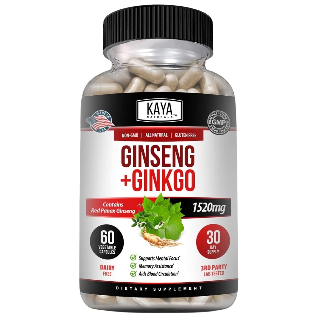 カヤナチュラルズレッドパナックスGinseng + Ginkgo Biloba - 向知性脳サプリメント - 認知と集中サポート - 脳ブースター、フォーカス、およびメモリサプリメント - 60カプセル
