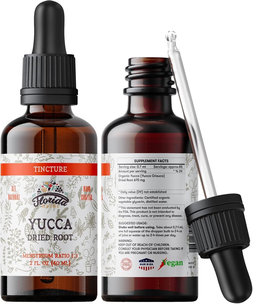 Yucca Tincture、有機性ユッカ抽出物(Yucca Glauca)ドライルートハーブサプリメント、コールドプレスオーガニック野菜グリセリン、700mg、2オンス(60ml)