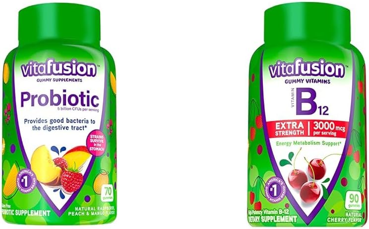 Vitafusion Probiotic Gummy Supplements、ラズベリー、ピーチ、マンゴーフレーバー&エクストラ強度ビタミンB12ガミービタミン