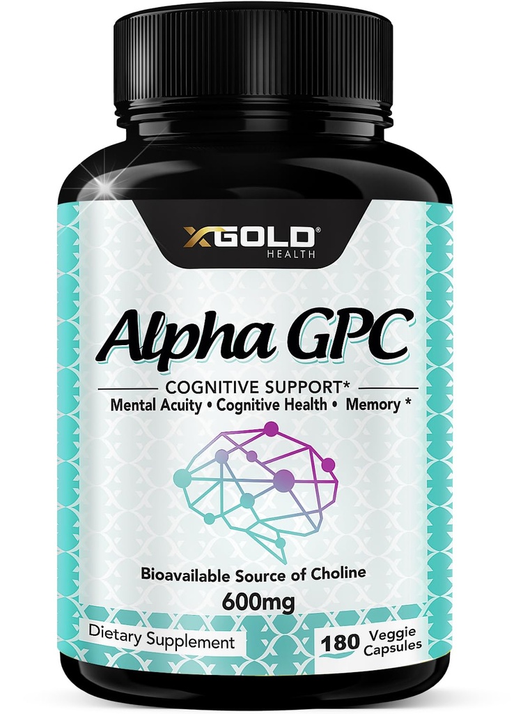アルファGPCのコリンの補足600mg、99%+ 高度に浄化され、高バイオ利用できる源のコリン、180の野菜のカプセル、認知の強化者の向知性、サポート記憶及び頭脳機能、ブーストの焦点及び気分