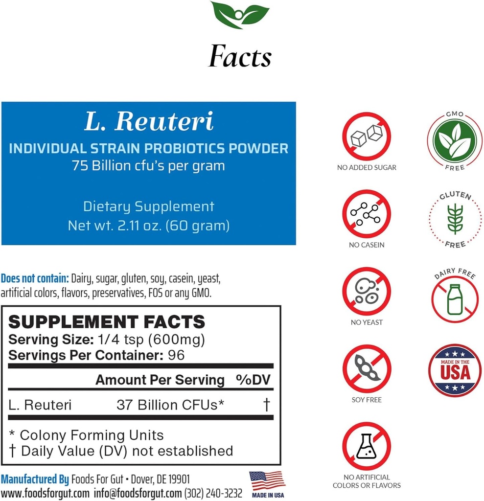 Lactobacillus Reuteri Probiotic Powder 75 Billion cfu's | アメリカ製 | 添加剤なし | 製造メーカーから直接 | 第三部倉庫 | 消化器・免疫サポート | L. Reuteri | 60グラム(2.11 OZ)
