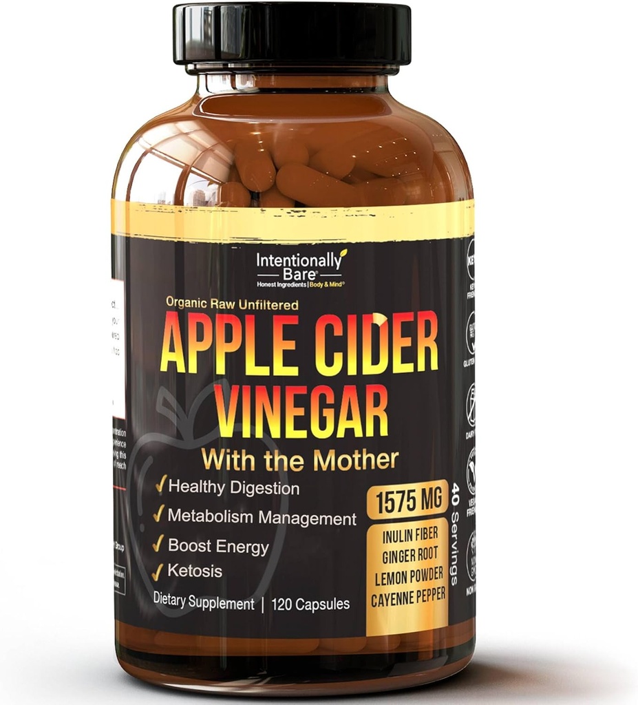 Intentionally Bare Apple Cider Vinegar with Mother Capsules - ACV Capsules with Ginger, Lemon, Cayenne and Inulin - Keto Friendly and Gluten Free for Energy, Immunity and Gut Health - 120 Capsules