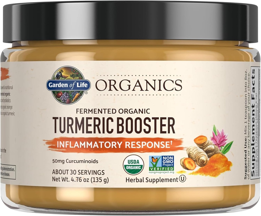 Garden of Life Organics Turmeric Booster Inflammatory Response Powder - 30 Servings, 50mg Curcumin (95% Curcuminoids) & Probiotics, Organic Non-GMO Vegan & Gluten Free Herbal Supplements