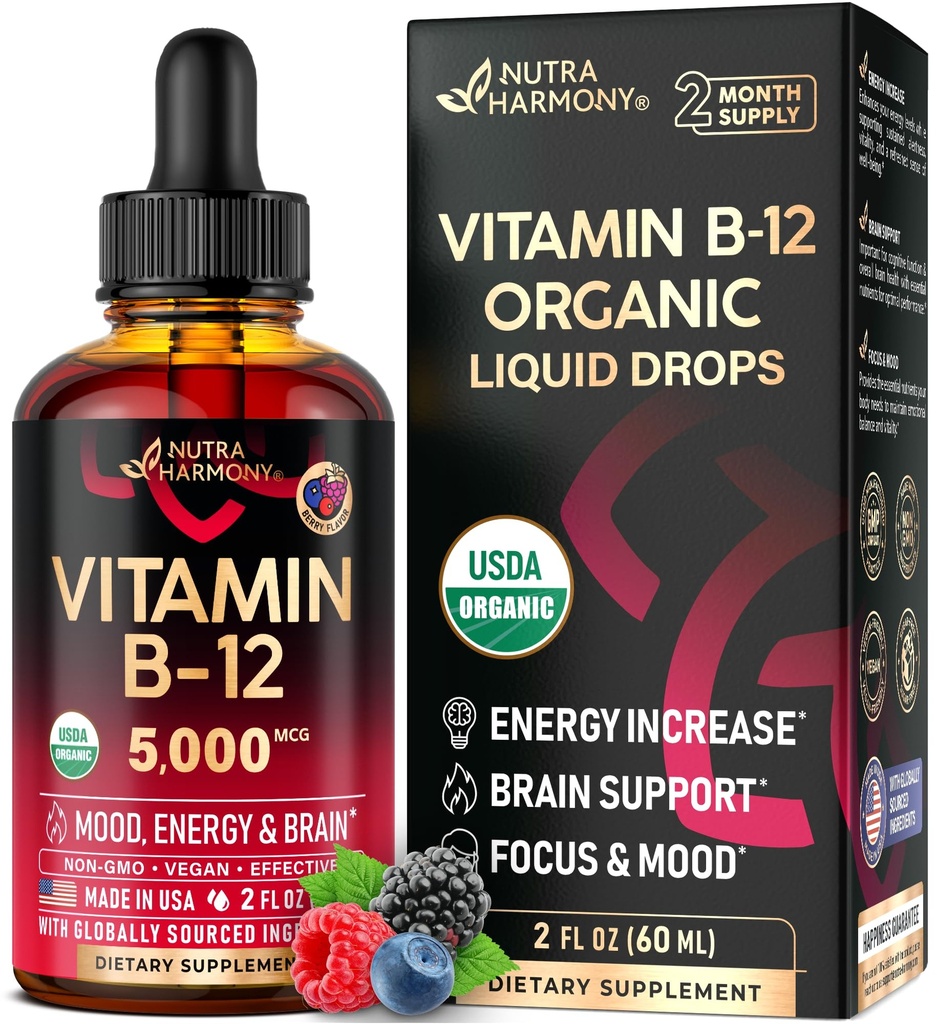 USDAの有機性ビタミンB12のSublingual低下-女性及び人のための5000のmcgの液体のビーガンMethylcobalamin - エネルギー ブースト、焦点及び気分、頭脳の健康サポート-吸収を最大にして下さい- 2か月の供給、2つのflのoz