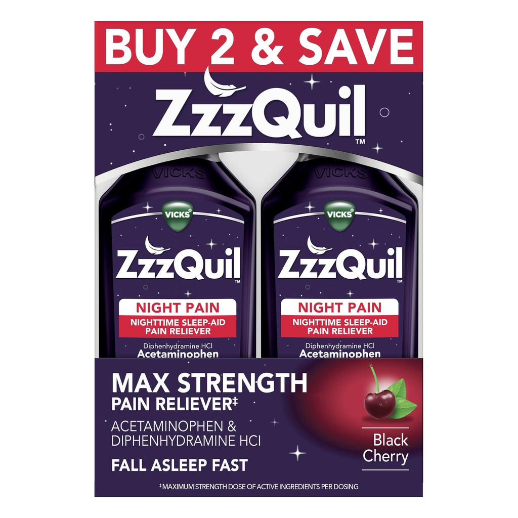 ZzzQuilの液体の最高の強さの痛みのReliever、夜間睡眠の援助の液体、アセトアミノフェン1000mg、Diphenhydramine 50mg HCIの非習慣の形成、黒いチェリーの味付けされた、2のパック、24のFLのOZ