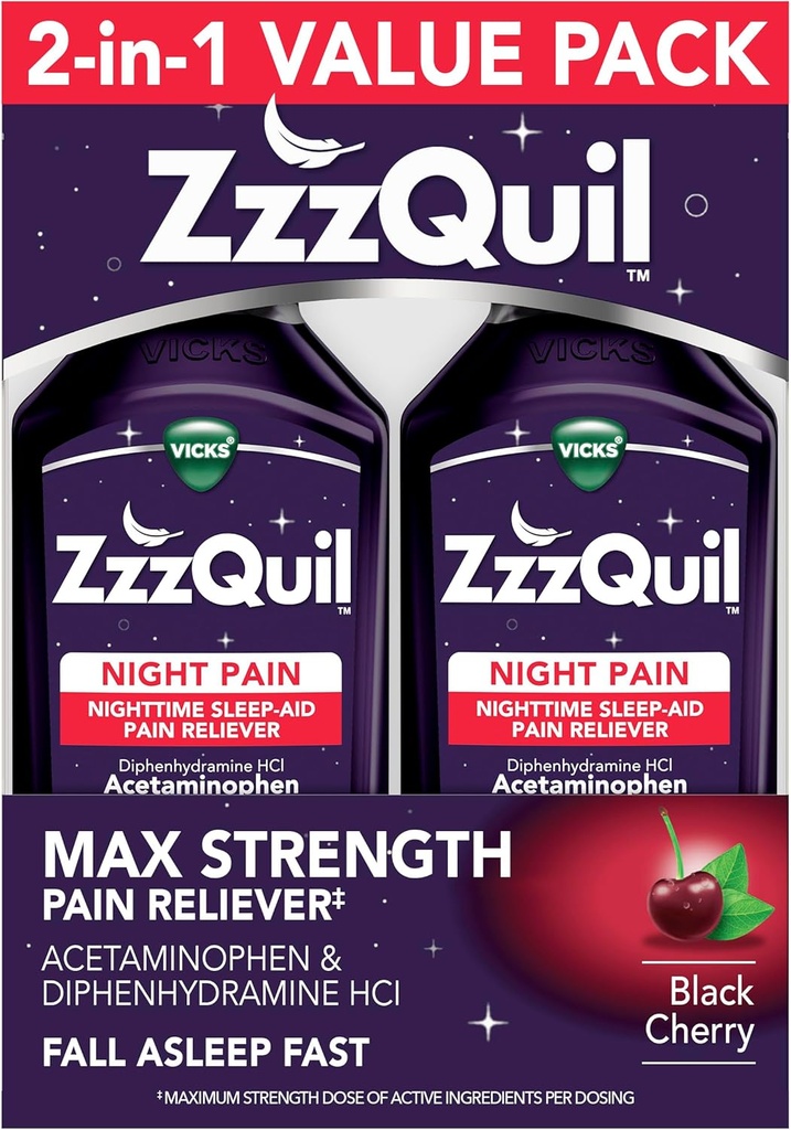 ZzzQuilの液体の最高の強さの痛みのReliever、夜間睡眠の援助の液体、アセトアミノフェン1000mg、Diphenhydramine 50mg HCIの非習慣の形成、黒いチェリーの味付けされた、2のパック、24のFLのOZ
