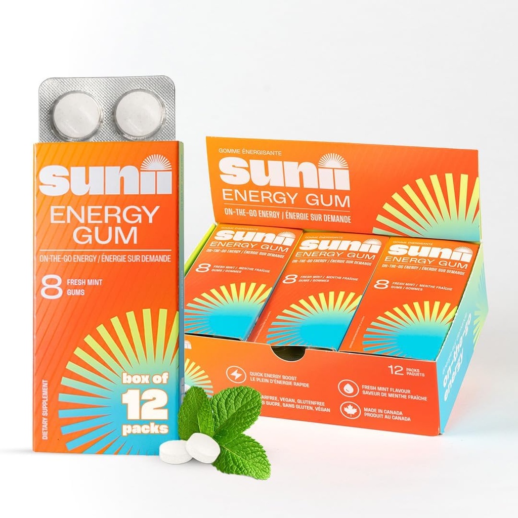Sunii - エネルギーガム - 新しいクイックブーストエネルギー&フォーカス - 50mgカフェインガム -ビタミンB6&B12、タウリン、ビーガン、砂糖、ゼロカロリー、新鮮なミント味 - 咀嚼、飲み物、ゲル&ピル(96pcs)よりも高速