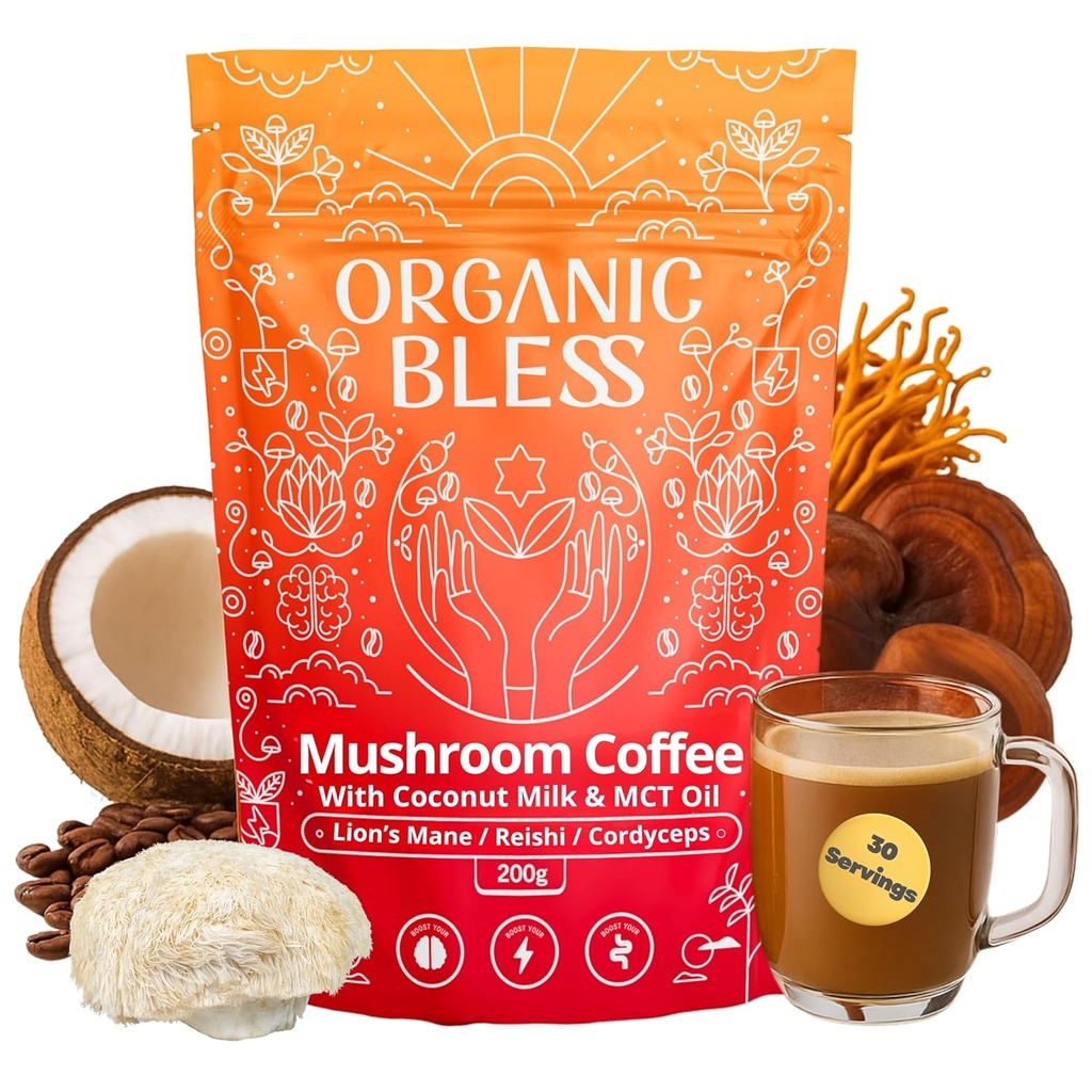 Organic Bless Instant Mushroom Coffee Powder – Organic Lion’s Mane, Reishi & Cordyceps Blend for Energy, Focus & Clarity – Adaptogenic Coffee with Coconut Milk & MCT Oil – 30 Servings