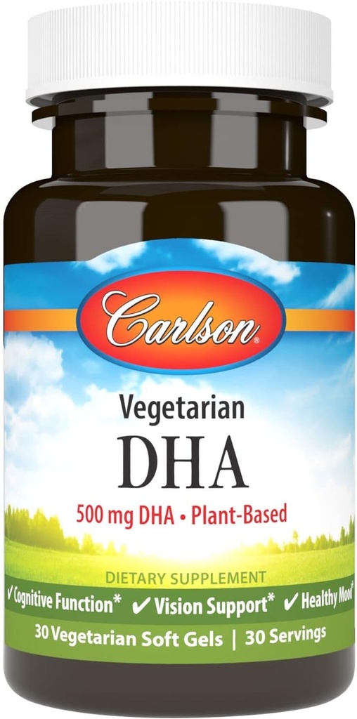 カールソン - ベジタリアンDHA、500 mg DHA、植物ベース、アラゲ、脳サポート、気分の健康、30ソフトゲルから持続的に供給