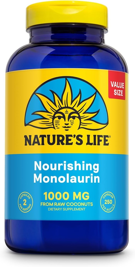 Nature's Life Monolaurin 1000mg、Natural Raw Coconut、Immende Support Supplement、Gut Health、 Balanced Gut Flora、60日間保証、125サービング、250ベジタリアンカプセル